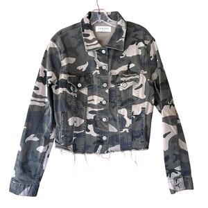 Eunina Cropped Camo Denim Jacket Sz L Streetwear Raw Hem Utility Trend